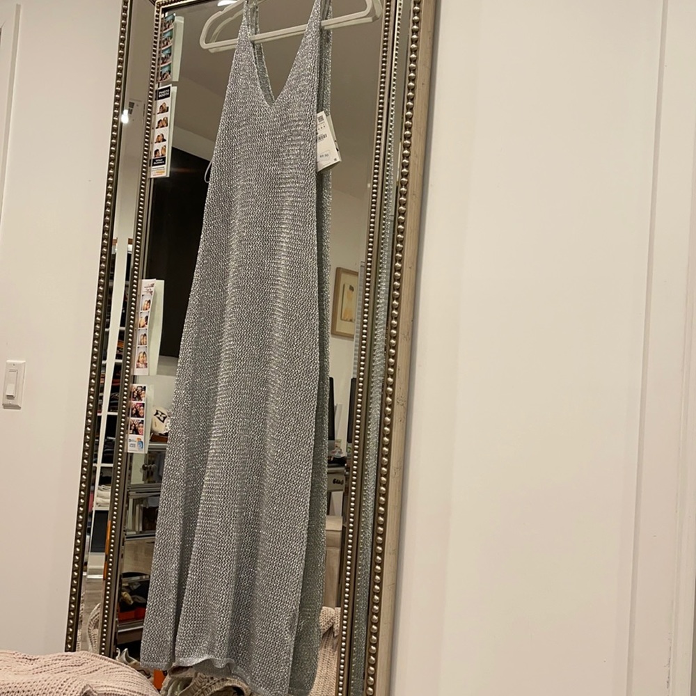 Zara Silver Metallic V-Neck Maxi Dress